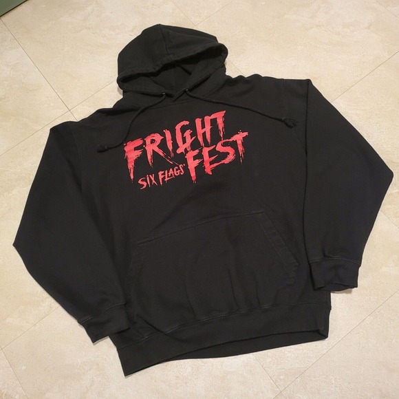 Six Flags Fright Frest Mens M Medium Insane Killer Clown Black Sweatshirt Hoodie - Picture 4 of 16